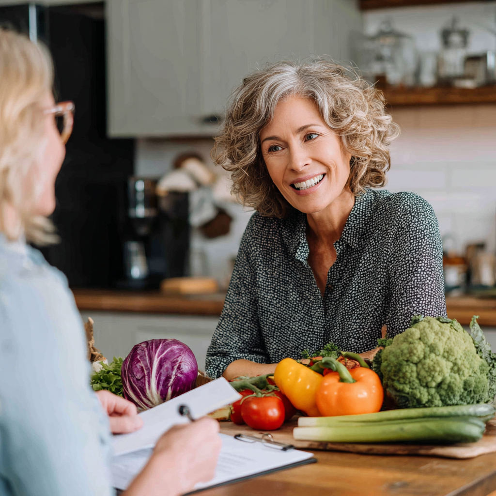 Experienced nutritionist consulting with middle-aged client about healthy meal planning