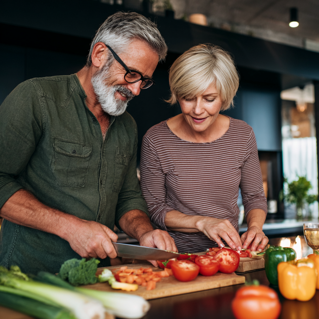 Mature couple preparing healthy meal together in modern kitchen following nutrition plan